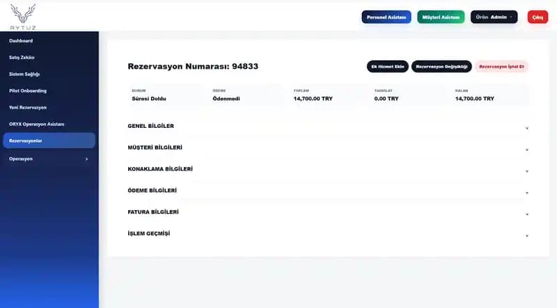 Rytuz Reservation Systems rezervasyon detay ekranı